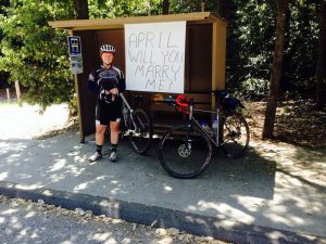 April Herring met Andrew Murray (not pictured) when both were solo riding up Bonny Doon Road in 2012. A year later, he proposed to her by posting a sign at the benches at the top of the climb, where he first asked her to coffee. contributed